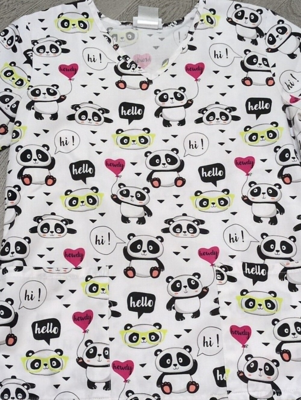 Scrubstar White Panda Print  Top with Pink & Lime Accents